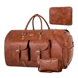 ITIEZY Large Brown Leather Weekend Travel Bag Set W/ Laptop Case & Accessories